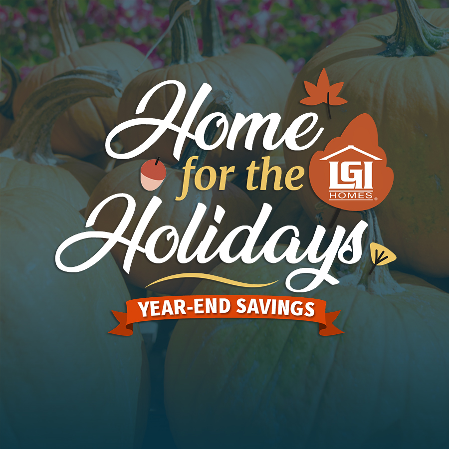 Home for the holidays logo overlaid on image of a field of pumpkins